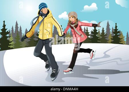 A vector illustration of a young couple ice skating outdoor Stock Vector