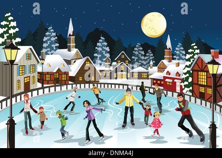 A vector illustration of people ice skating in an outdoor ice skating rink during the winter season Stock Vector