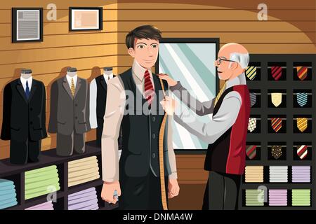 A vector illustration of a man being measured for a fitted suit by a tailor Stock Vector