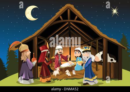 A vector illustration of Christmas concept of the birth of Jesus Christ with Joseph and Mary accompanied by the three wise men Stock Vector