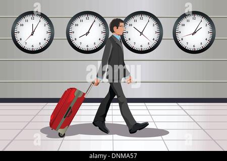 A vector illustration of a traveling businessman pulling a luggage in the airport with clocks showing different time in the back Stock Vector