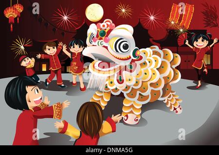 A vector illustration of kids celebrating Chinese New Year Stock Vector