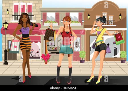A vector illustration of shopping women in the shopping mall Stock Vector