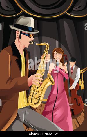 A vector illustration of a jazz music band playing in a night club Stock Vector