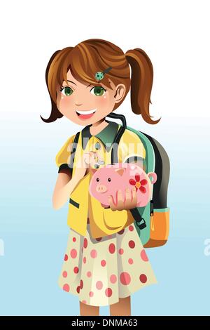 A vector illustration of a student saving money into a piggy bank Stock Vector