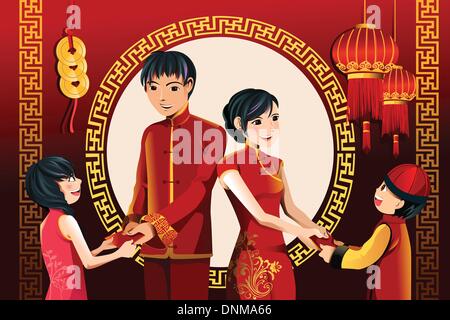 A vector illustration of Asian parents giving their children red envelopes(hongbao) celebrating Chinese New Year Stock Vector