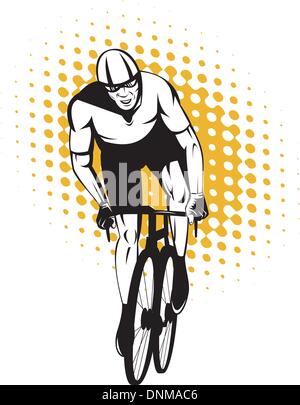 illustration of a cyclist man riding racing bicycle done in retro style on isolated white background viewed from front Stock Vector