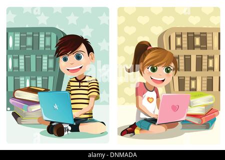 A vector illustration of a boy and a girl studying using laptop Stock Vector