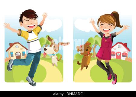 A vector illustration of a boy and a girl with a dog Stock Vector