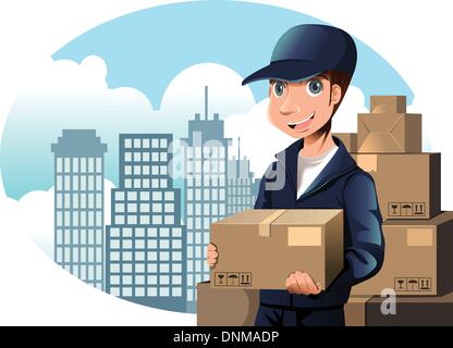 A vector illustration of a delivery man holding a package Stock Vector