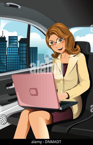 A vector illustration of a businesswoman working in the car Stock Vector