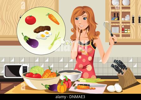 A vector illustration of a cooking woman preparing in the kitchen Stock Vector