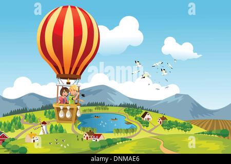 A vector illustration of two kids riding a hot air balloon Stock Vector