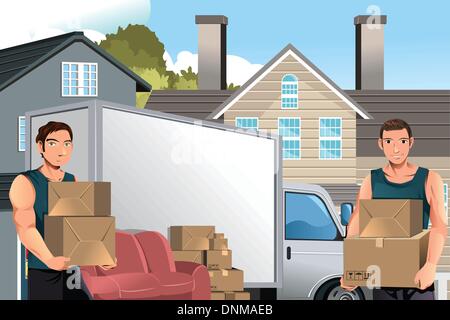 A vector illustration of moving men carrying boxes in front of their truck Stock Vector