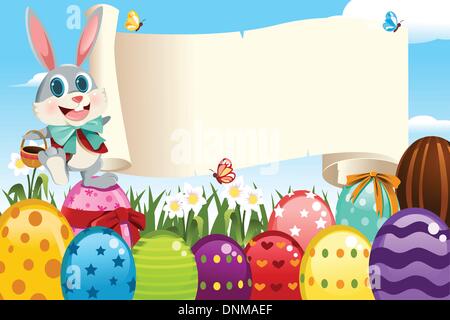 A vector illustration of an Easter bunny holding a blank sign surrounded by Easter eggs Stock Vector