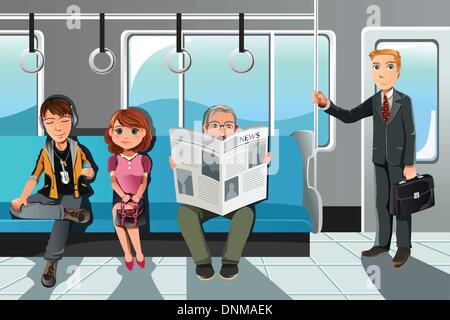 A vector illustration of people riding on the train Stock Vector
