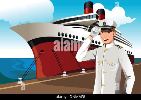 A vector illustration of a sailor in front of a big ship parked at the harbor Stock Vector