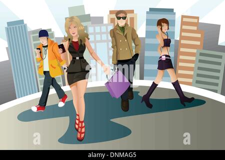 A vector illustration of a group of young urban people Stock Vector