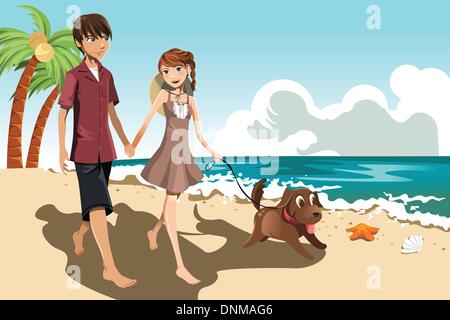 A vector illustration of a young couple walking on the beach with their dog Stock Vector