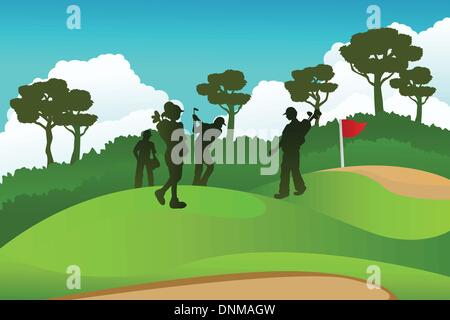 A vector illustration of a few golf players on a golf course Stock Vector