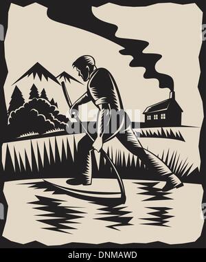 illustration of a Farmer with scythe at work with house in background Stock Vector