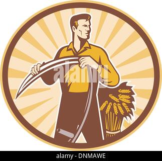 illustration of a Farmer standing holding scythe and wheat crop Stock Vector