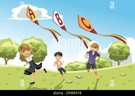 A vector illustration of three kids playing in a park running with alphabet kites Stock Vector