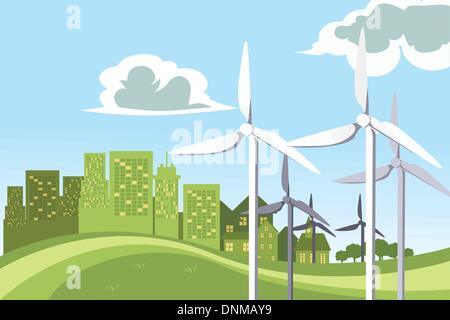 A vector illustration of a concept of wind turbines powering the city Stock Vector