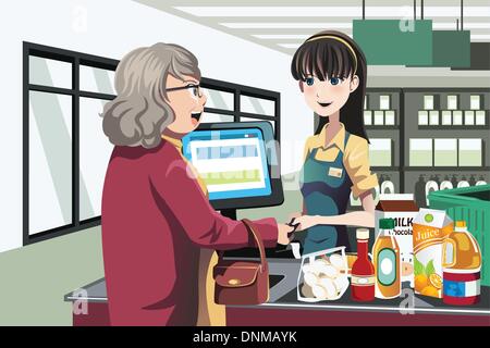 A vector illustration of a lady shopping at a grocery store Stock Vector