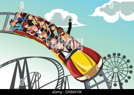 A vector illustration of people riding roller coaster in an amusement park Stock Vector