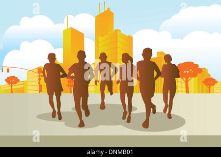A vector illustration of marathon runners in the city Stock Vector
