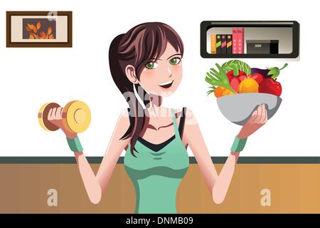 A vector illustration of a beautiful girl holding a dumbbell and a bowl of food Stock Vector
