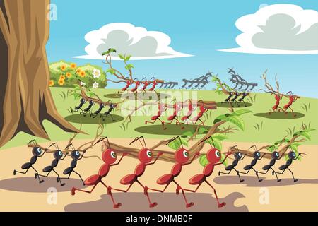A vector illustration of a colony of ants working together, can be used for teamwork concept Stock Vector
