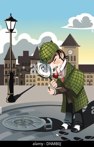A vector illustration of a man exploring a manhole with a magnifying glass Stock Vector