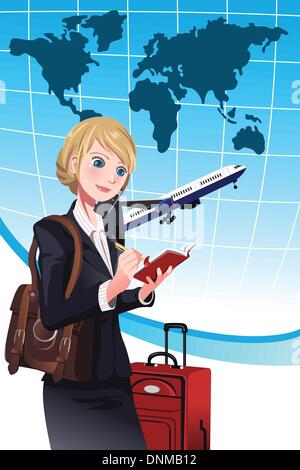 A vector illustration of a businesswoman making a travel arrangement Stock Vector