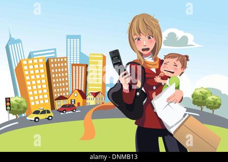 A vector illustration of a busy woman calling on the phone and carrying her crying baby Stock Vector