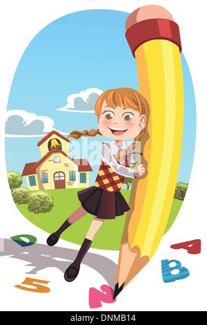 A vector illustration of a happy school girl holding a pencil writing letters and numbers Stock Vector