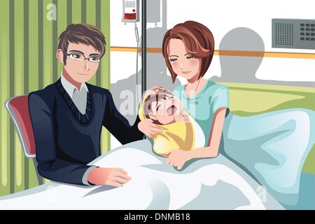 A vector illustration of a couple having a newborn baby in the hospital Stock Vector