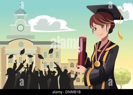 A vector illustration of a graduation girl holding her diploma with her friends in the background Stock Vector