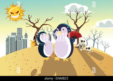 A vector illustration of a global warming concept, with penguins on a dry hot land Stock Vector