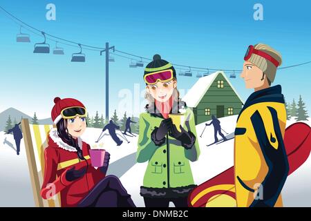 A vector illustration of friends skiing in a ski resort Stock Vector