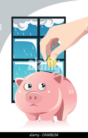 A vector illustration of a hand inserting a coin inside a piggy bank, a concept of saving for the rainy day