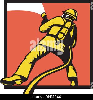 illustration of a Firefighter or fireman aiming a fire hose done in ...