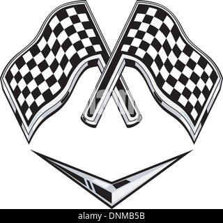 illustration of two metallic racing checkered flag crossed with chevron Stock Vector