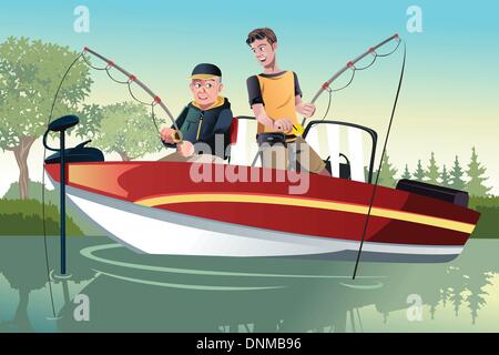 A vector illustration of a senior father and his adult son going fishing on a boat Stock Vector