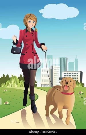A vector illustration of a woman walking her dog in a park Stock Vector