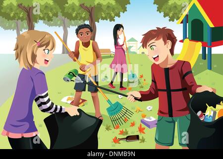 A vector illustration of kids volunteering by cleaning up the park Stock Vector