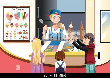 A vector illustration of kids buying ice cream at an ice cream truck Stock Vector