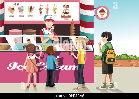 A vector illustration of kids buying ice cream at an ice cream stand Stock Vector