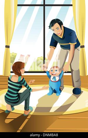 A vector illustration of parents helping their baby boy learning to walk Stock Vector